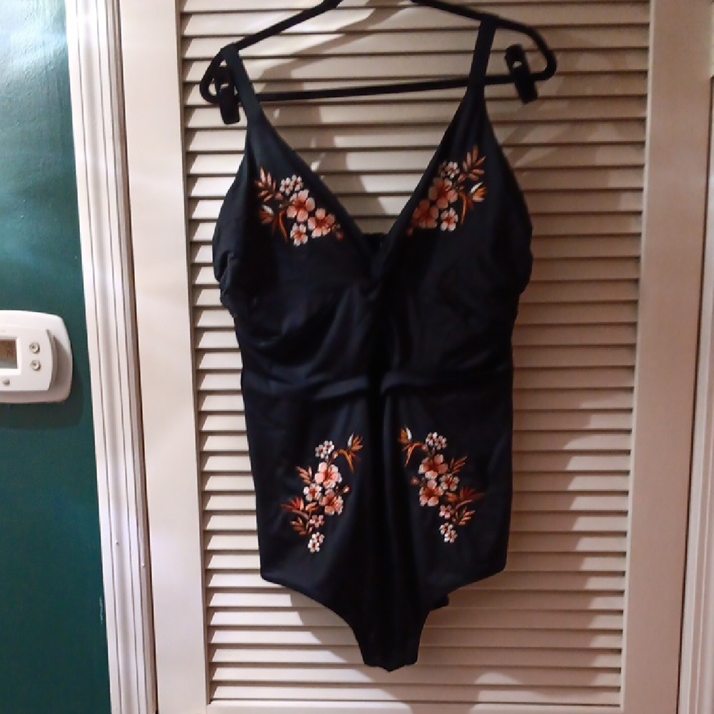 City Chic Black and Orange One Piece Swimsuit with Floral Embroidery